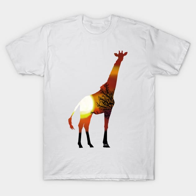 Giraffe Sunset Tree Silhouette T-Shirt by DSCarts